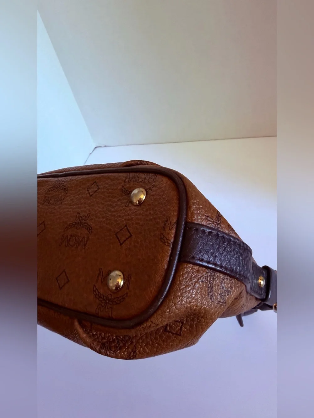MCM Cognac Logo-Print Leather Shoulder Bag with Gold Plaque